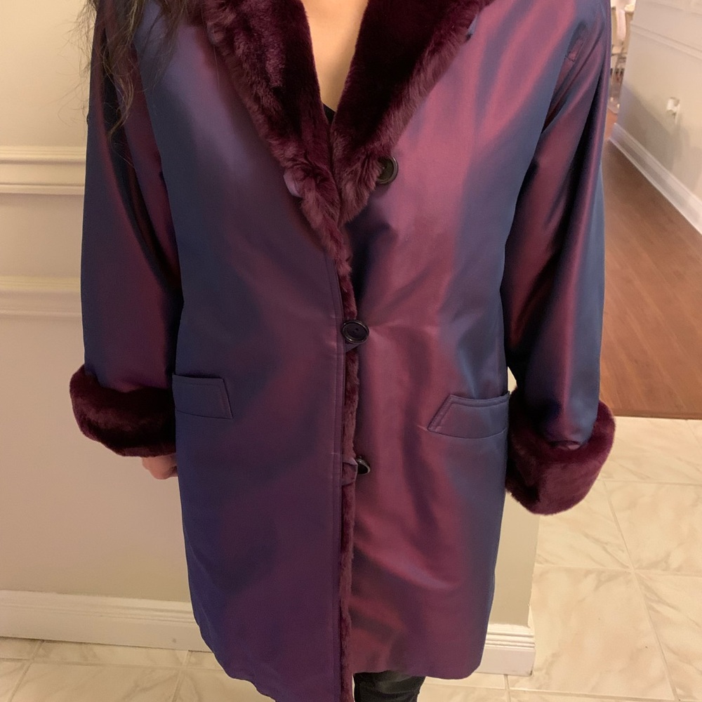 Gorgeous Louis Feraud Paris Deep Purple/Burgandy Rabbit Fur Long Coat